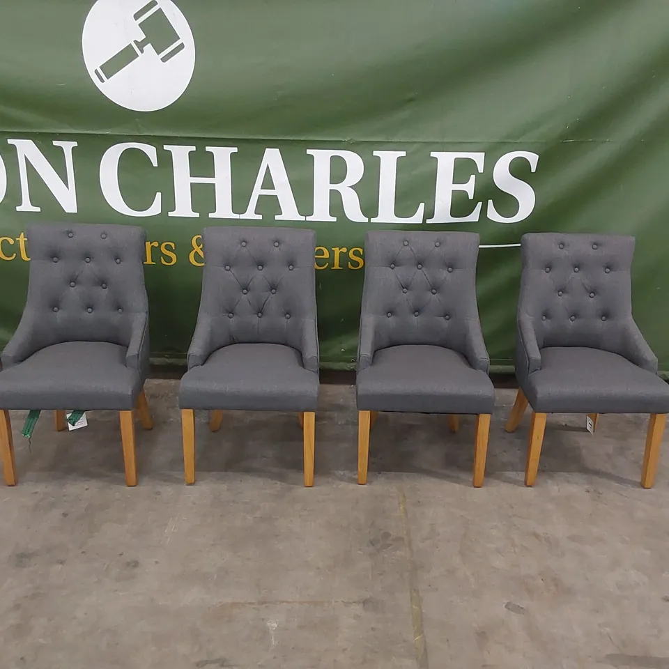 SET OF 4 DUKE SLATE FABRIC BUTTON BACK DINING CHAIRS WITH OAK LEGS 