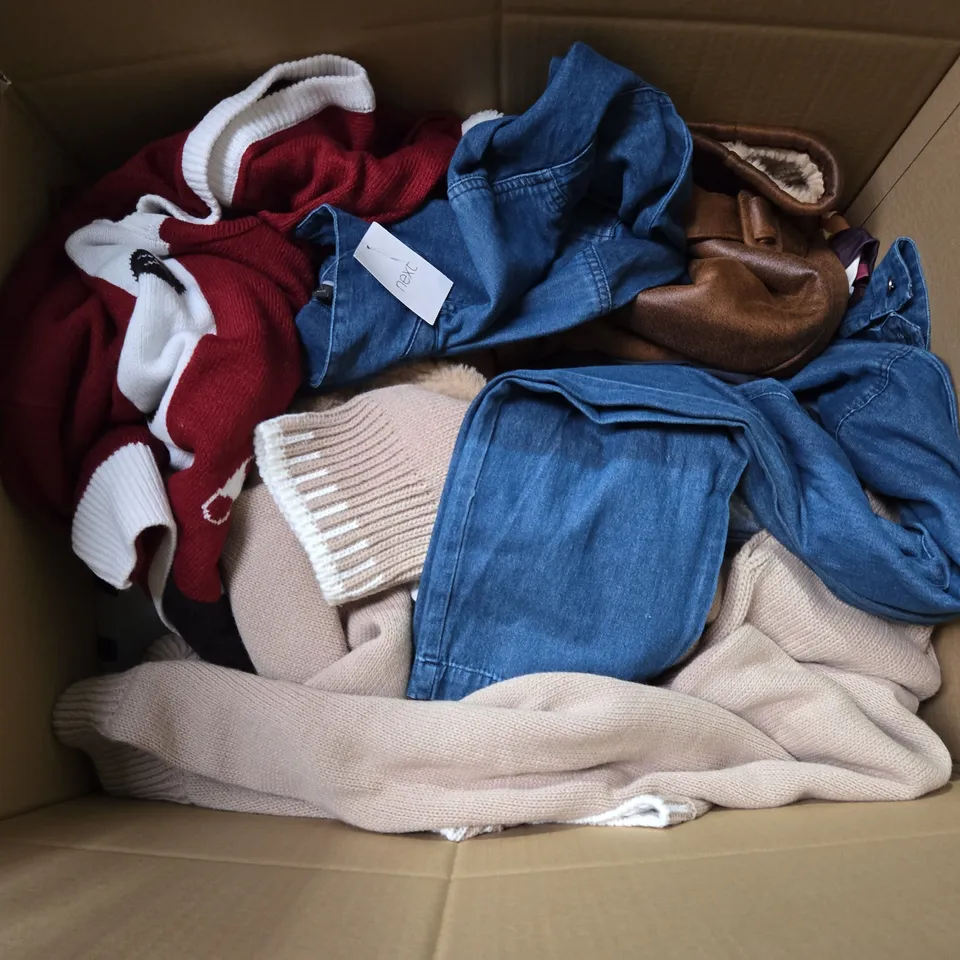 LARGE BOX OF ASSORTED CLOTHING ITEMS IN VARIOUS SIZES, STYLES AND COLOUR 