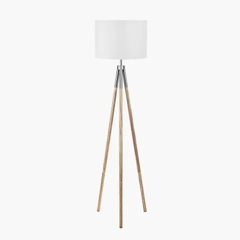 BOXED PACIFIC VALI SILVER METAL AND GREY WOOD GRAIN TRIPOD FLOOR LAMP
