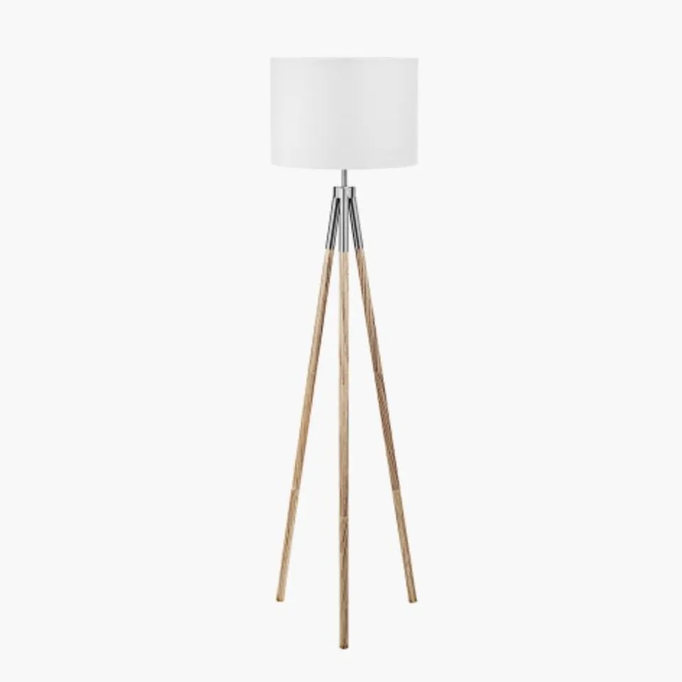 BOXED PACIFIC VALI SILVER METAL AND GREY WOOD GRAIN TRIPOD FLOOR LAMP