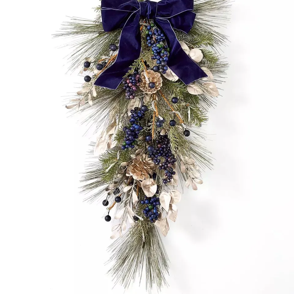 BLUEBERRY PRE LIT CHRISTMAS WREATH WITH VELVET BOW 