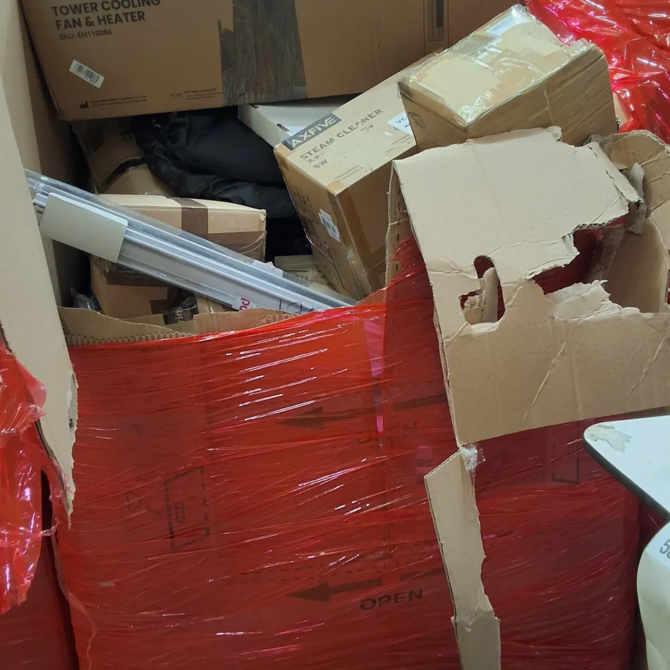 PALLET OF ASSORTED HOUSEHOLD ITEMS AND PRODUCTS TO INCLUDE;AIR COOLER,STEAM CLEANER,CURTAIN ROD