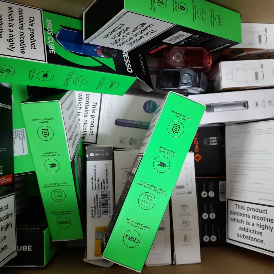 BOX OF APPROXIMATELY 20 ASSORTED E-CIGARETTE/VAPING PRODUCTS - MAKES, MODELS, COLOURS, AND STYLES VARY - COLLECTION ONLY