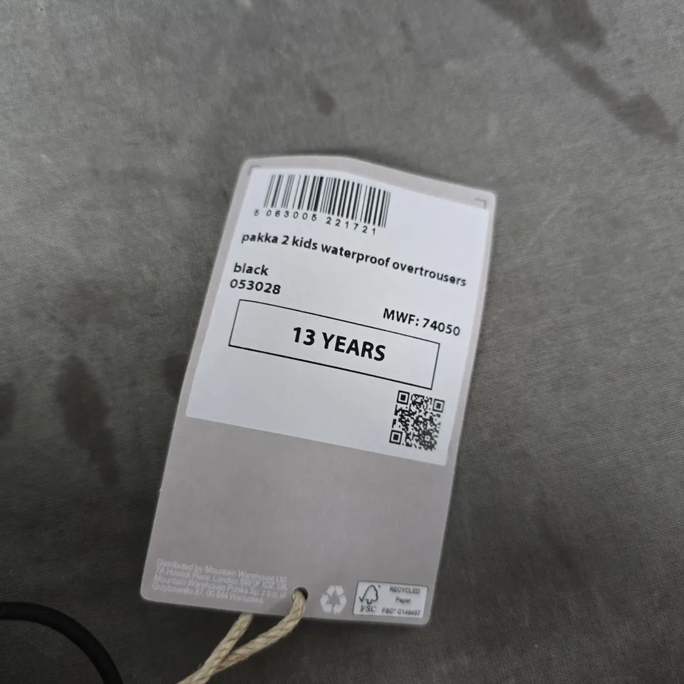 MOUNTAIN WAREHOUSE PAKKA 2 KIDS WATERPROOF OVERTROUSERS - BLACK - 13 YEARS