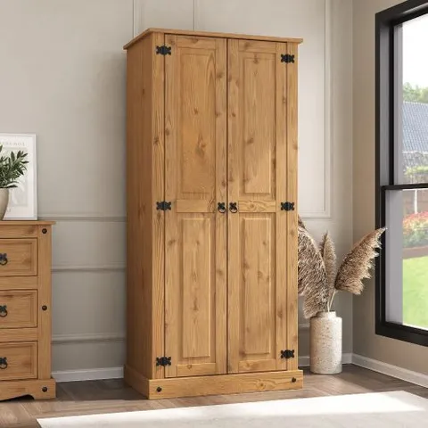 BOXED CORONA 2 DOOR WARDROBE (FLAT TOP) - DISTRESSED WAXED PINE (1 BOX)