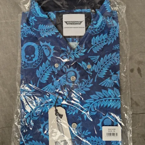 WARHAMMER BLUE PRINT SHIRT WITH SKULL MOTIF – SIZE XL