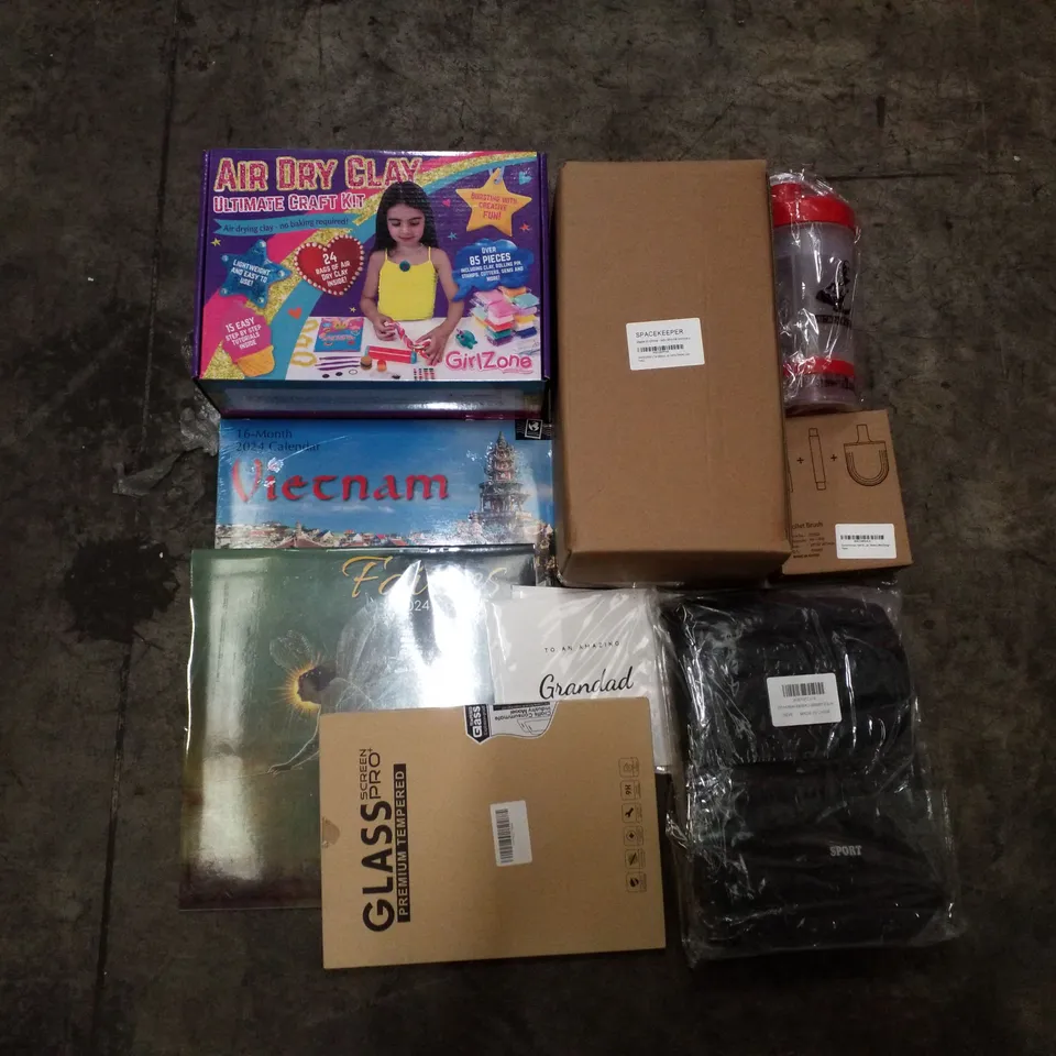 PALLET OF 6 BOXES CONTAINING ASSORTED PRODUCTS INCLUDING TOILET BRUSH, 2024 CALENDARS, MAKEUP STORAGE BOX, AIR DRY CLAY CRAFT KIT, TEMPERED GLASS SCREEN PROTECTOR