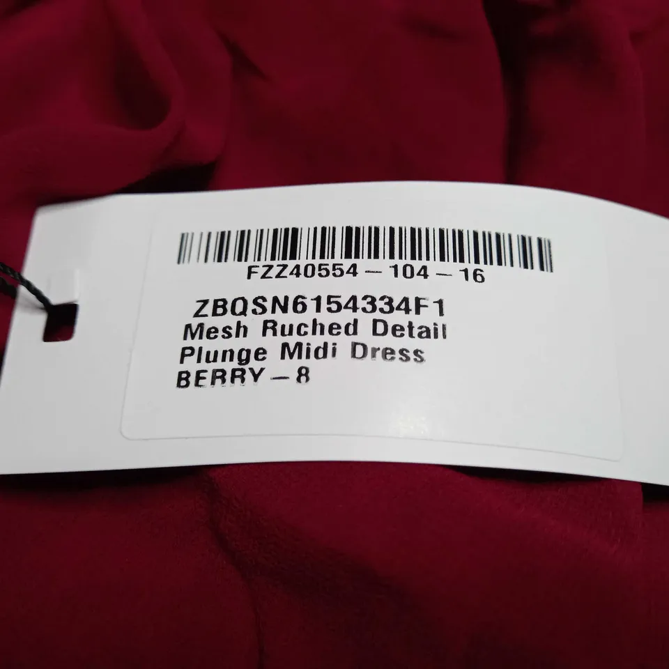 BOOHOO BERRY MES RUCHED DETAIL PLUGE MIDI DRESS - SIZE 8