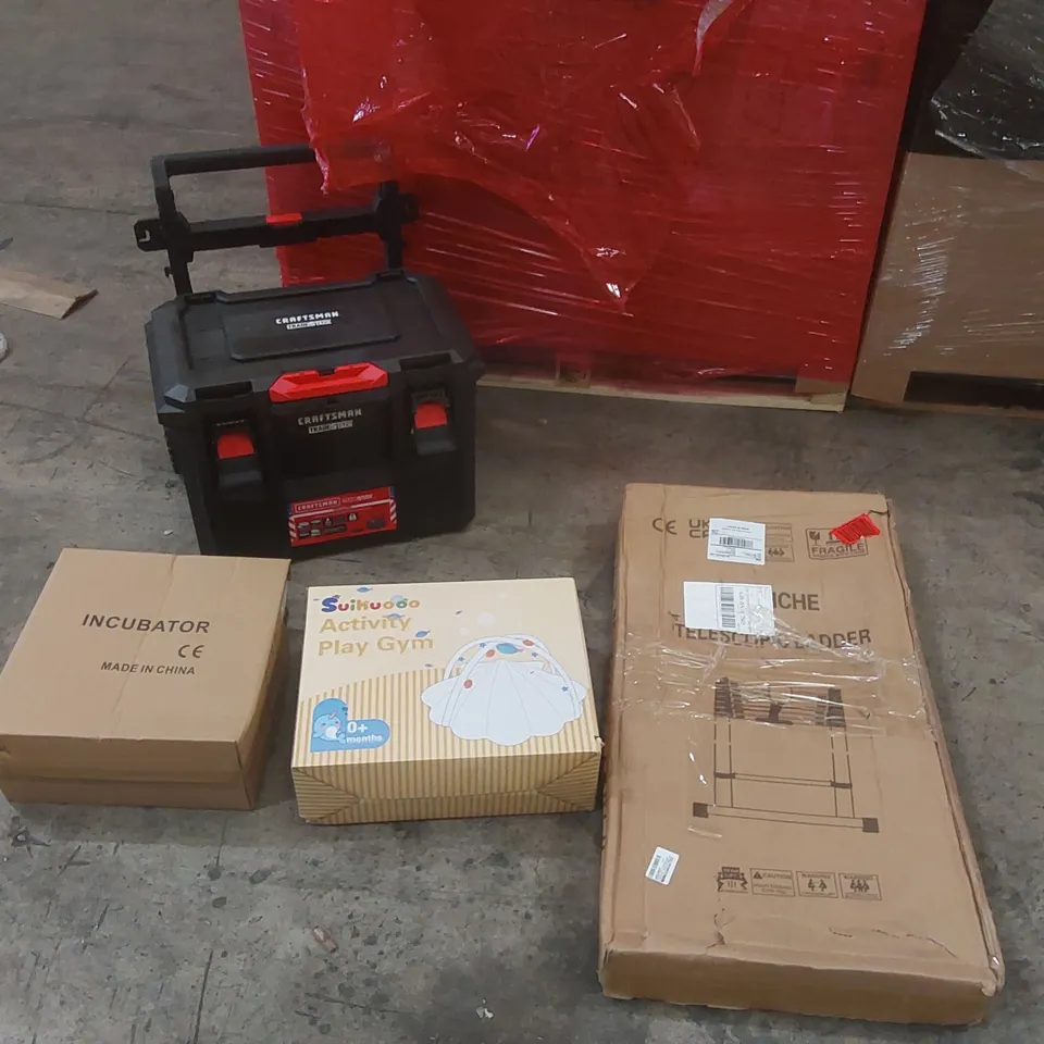 PALLET CONTAINING A LARGE QUANTITY OF ASSORTED ITEMS INCLUDING: CRAFTSMAN TRADE STACK, TELESCOPIC LADDER, ACTIVITY PLAY GYM, INCUBATOR ECT