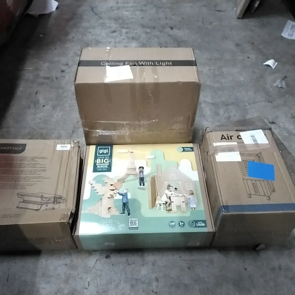 PALLET OF HOUSEHOLD ITEMS TO INCLUDE CONTACT GRILL, GIGI BUILDING BLOCKS, AIR COOLER,  CEILING LIGHT WITH LIGHT AND OTHER ASSORTED ITEMS...