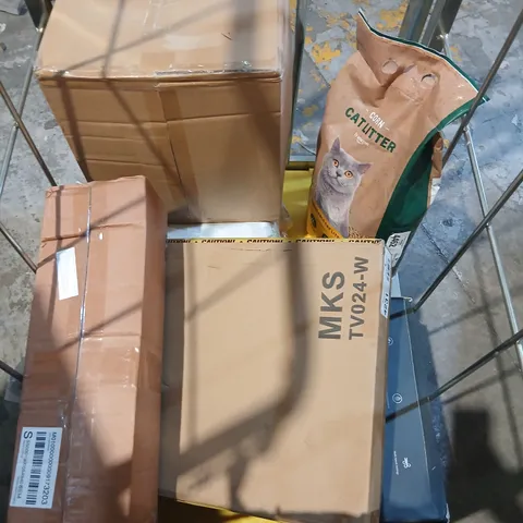 CAGE OF ASSORTED PRODUCTS TO INCLUDE; CAT LITTER, BAMBOO PILLOW AND MULTI DIMENSIONAL TOWER FAN