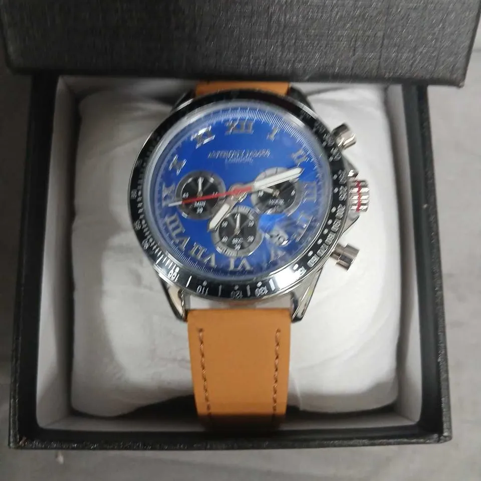 ANTHONY JAMES LONDON WATCH – BLUE DIAL CHRONOGRAPH, TAN LEATHER STRAP, BOXED