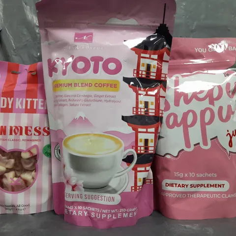 APPROXIMATELY 10 ASSORTED FOOD/DRINK PRODUCTS TO INCLUDE KYOTO PREMIUM BLEND COFFEE, CANDY KITTENS ETON MESS SWEETS, ETC