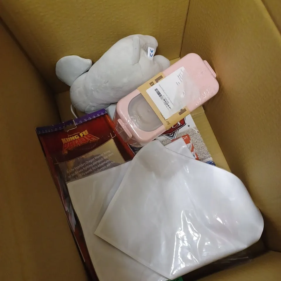 BOX OF APPROXIMATELY 5 ASSORTED ITEMS TO INCLUDE TEDDY ELEPHANT, STICKERS, LUNCHBOX ETC