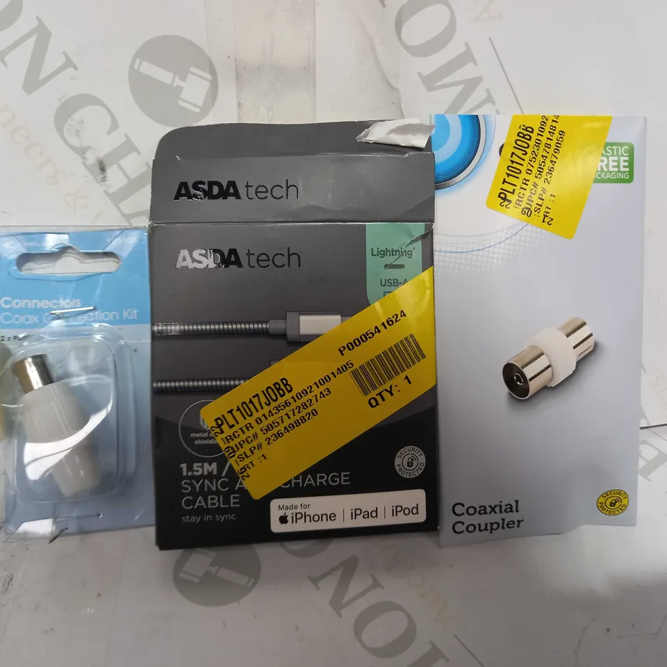 LOT OF APPROXIMATELY 10 ASSORTED HOUSEHOLD ITEMS TO INCLUDE PHILEX COAX CONNECTION KIT, ASDA TECH SYNC AND CHARGE CABLE, ONN COAXIAL COUPLER, ETC