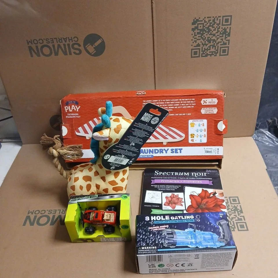BOX OF APPROXIMATELY 30 ASSORTED TOYS/GAMES TO INCLUDE WOODEN LAUNDRY SET, GIRAFFE SOFT TOY, BUBBLE MACHINE, MINI MONSTER TRUCK ETC