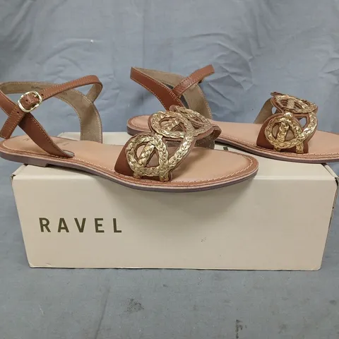 BOXED PAIR OF RAVEL SNADALS IN TAN SIZE UK 8