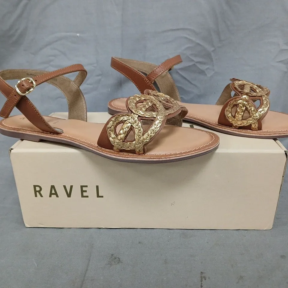 BOXED PAIR OF RAVEL SNADALS IN TAN SIZE UK 8