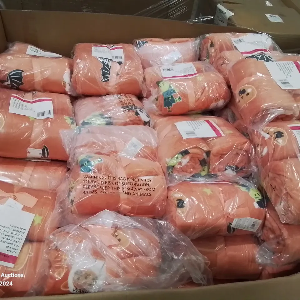 PALLET CONTAINING APPROXIMATELY 140 SETS OF 2 BRAND NEW HALLOWEEN THEMED FLEECED BLANKETS 