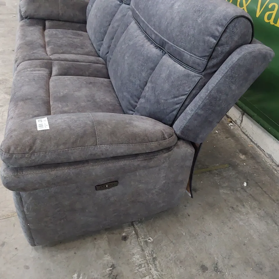 DESIGNER POWER RECLINING THREE SEATER SOFA GREY PLUSH FABRIC WITH BLACK PIPING