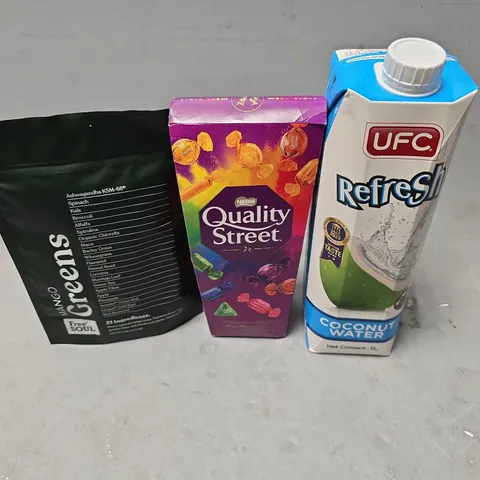 APPROXIMATELY 6 ASSORTED FOOD & DRINK ITEMS TO INCLUDE - UFC COCONUT WATER , QUALITY STREET ETC