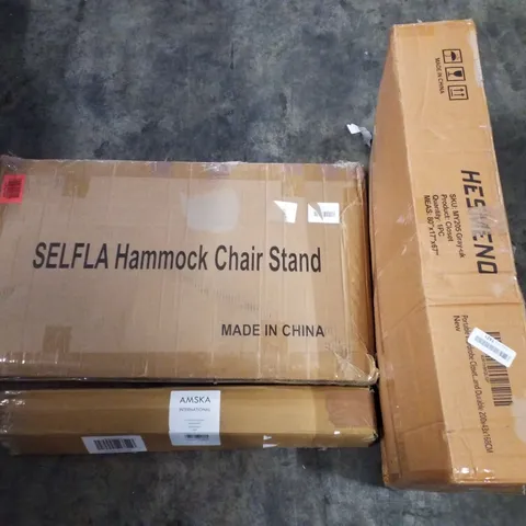 PALLET CONTAINING ASSORTED PRODUCTS TO INCLUDE HAMMOCK CHAIR STAND, STAIR CARPET RODS, PORTABLE WARDROBE, FOLDING DESK