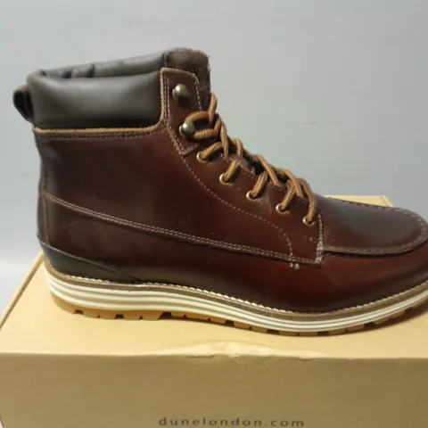 BOXED DUNE CHESTNUT LEATHER APRON WEDGE HIKER BOOT -SIZE 10