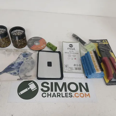LOT OF ASSORTED HARDWARE AND TOOLS: FINDER RELAY MODULE, CABLE CUTTER, ENVELOPES AND DECORATIVE ITEMS