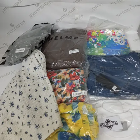 LARGE BOX OF ASSORTED CLOTHING ITEMS IN VARIOUS COLOURS AND SIZES INCLUDING TROUSERS , TOPS AND JUMPERS