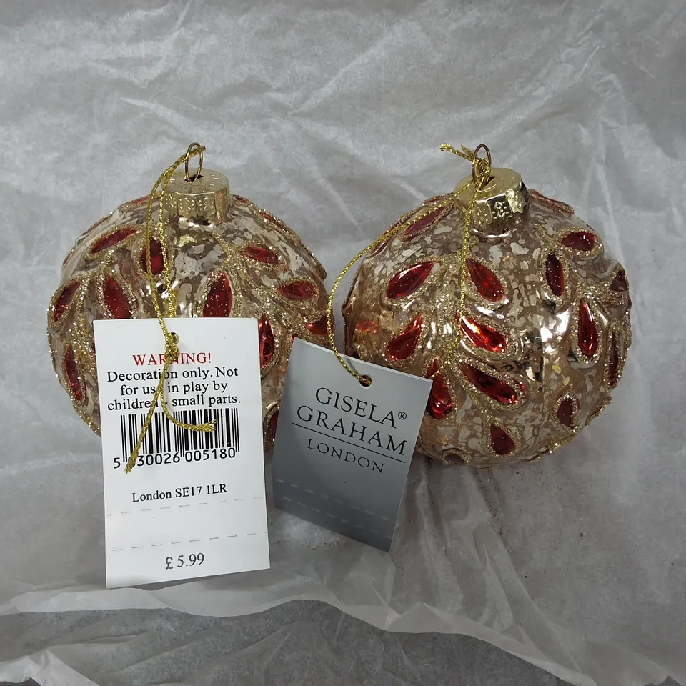 SET OF 12 GISELA GRAHAM DECORATIVE SILVER AND RED BAUBLES