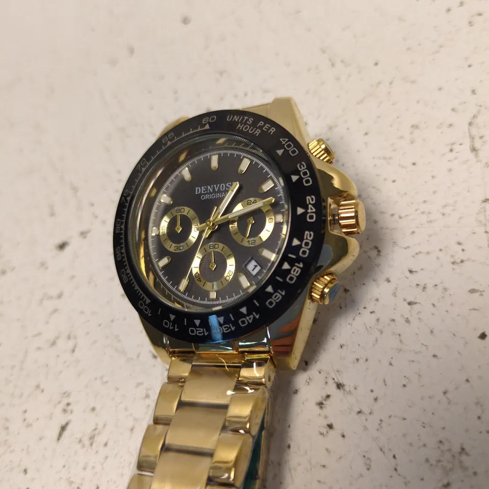 DENVOSI ORIGINAL GOLD-TONE CHRONOGRAPH WRISTWATCH WITH BLACK TACHYMETER BEZEL