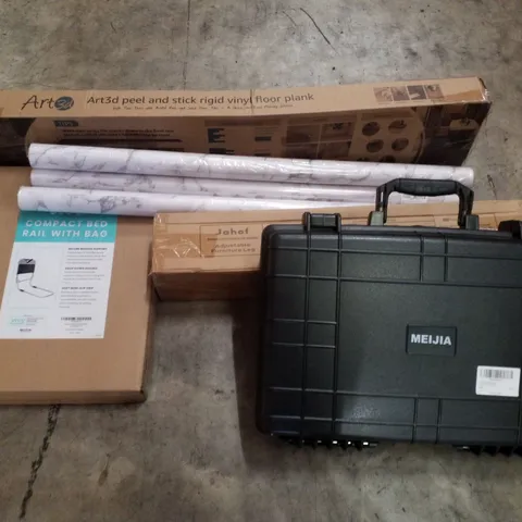 PALLET CONTAINING ASSORTED PRODUCTS INCLUDING COMPACT BED RAIL WITH BAG, ADJUSTABLE FURNITURE LEG, MARBLE WALLPAPER, VINYL FLOOR PLANK & PROTECTIVE CASE
