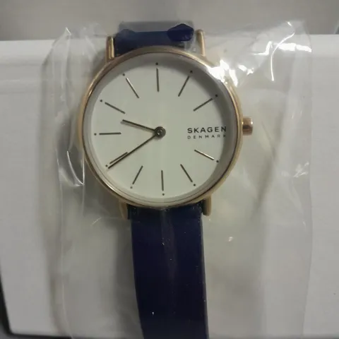 BOXED SKAGEN ALL STAINLESS STEEL LADIES WATCH WITH BLUE LEATHER STRAP