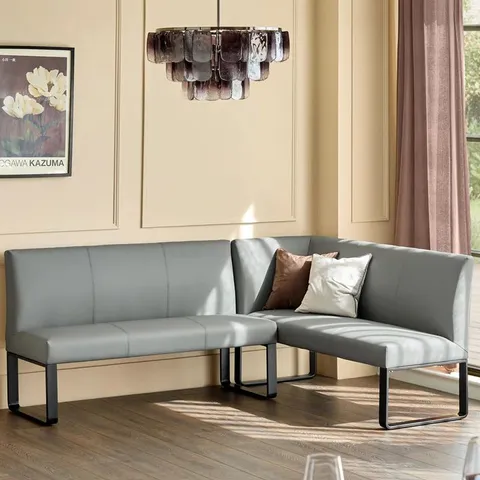 BOXED DANETTI LOOP 5 SEATER LEFT HAND MID GREY FAUX LEATHER CORNER BENCH WITH BLACK METAL LEGS 