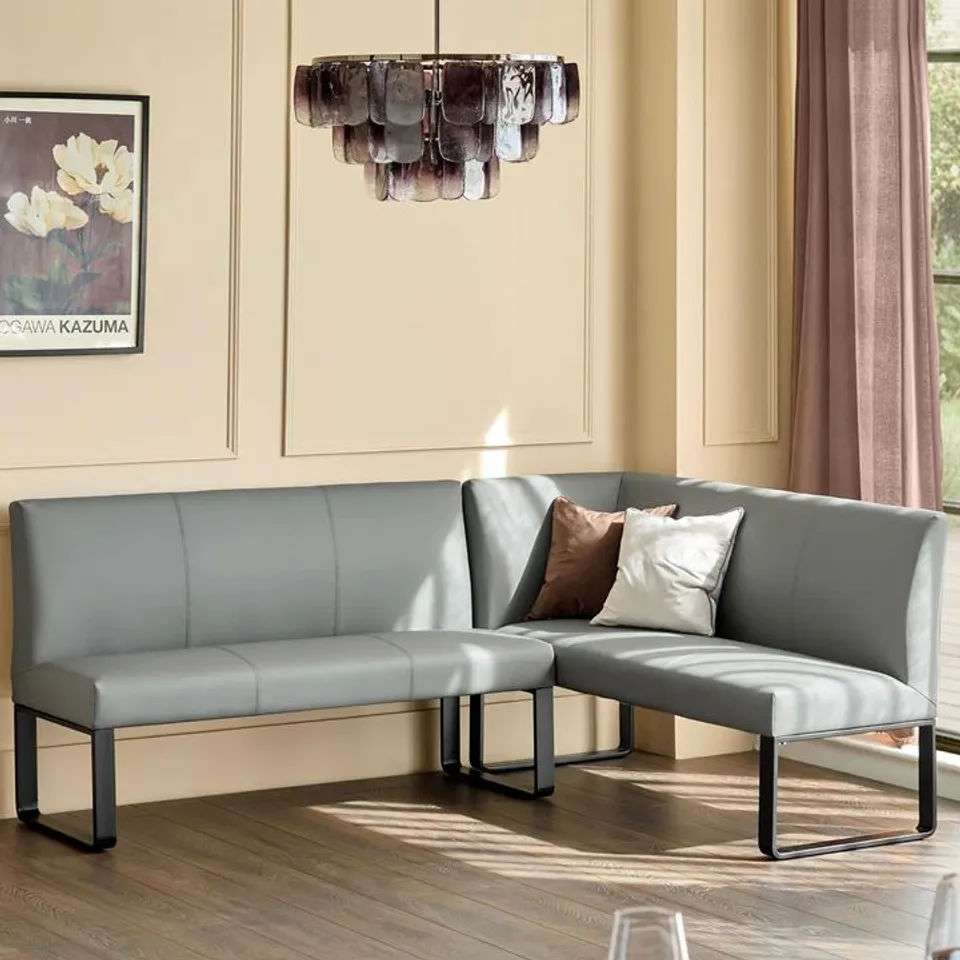 BOXED DANETTI LOOP 5 SEATER LEFT HAND MID GREY FAUX LEATHER CORNER BENCH WITH BLACK METAL LEGS 
