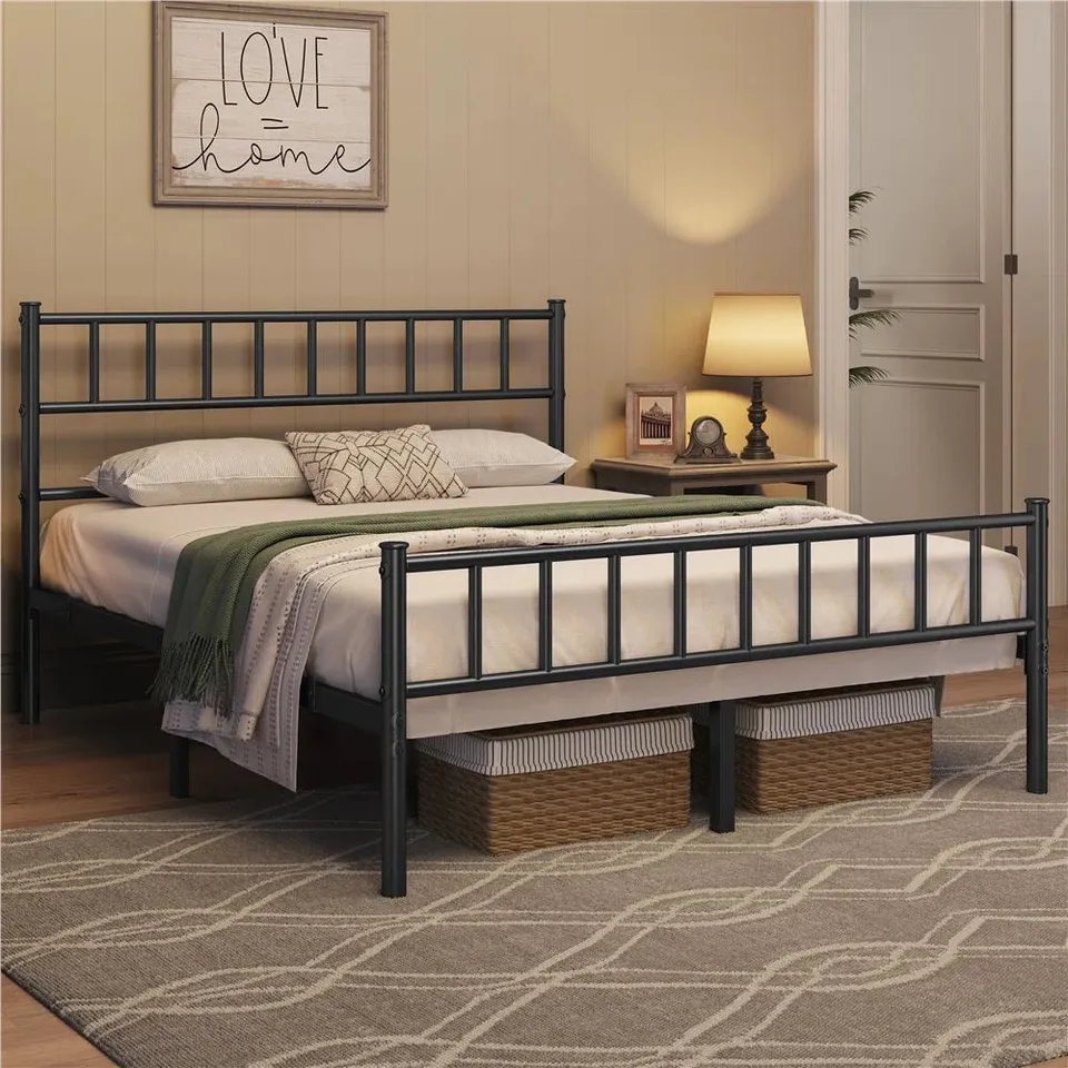 BOXED MINIMALIST METAL BED FRAME WITH SLATTED HEADBOARD - BLACK (150CM×200CM)