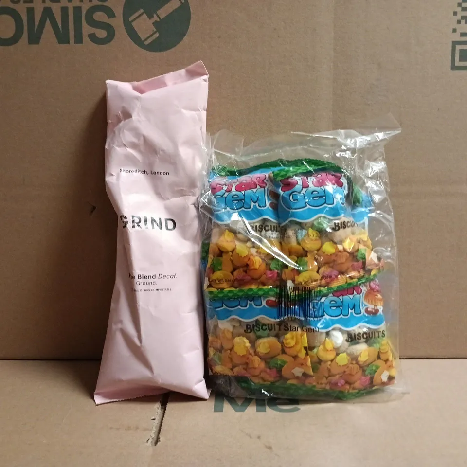 APPROXIMATELY 8 ASSORTED FOOD AND DRINK ITEMS TO INCLUDE GRIND COFFEE, PORK SCRATCHINGS, ETC