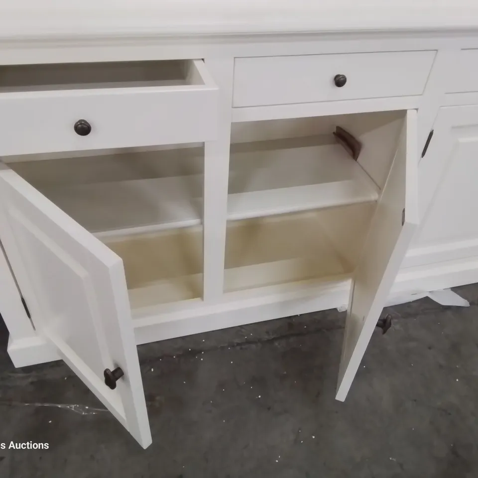 DESIGNER LARGE DRESSER WITH 4 GLAZED DOOR CUPBOARD TOP ON 4 DOOR & DRAWER BASE WHITE