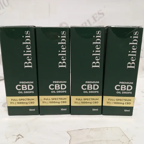 LOT OF 4 BELIEBIS PREMIUM CBD OIL DROPS 1000MG (4 X 10ML)
