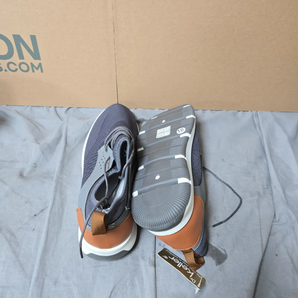 DR KELLER SNEAKERS – GREY KNIT WITH BROWN HEEL DETAIL, BOXED-SIZE UK 10