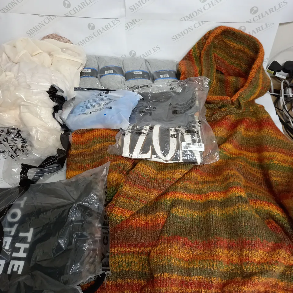 LARGE BOX OF ASSORTED CLOTHING ITEMS IN VARIOUS COLOURS AND SIZES INCLUDING TROUSERS , TOPS AND JUMPERS