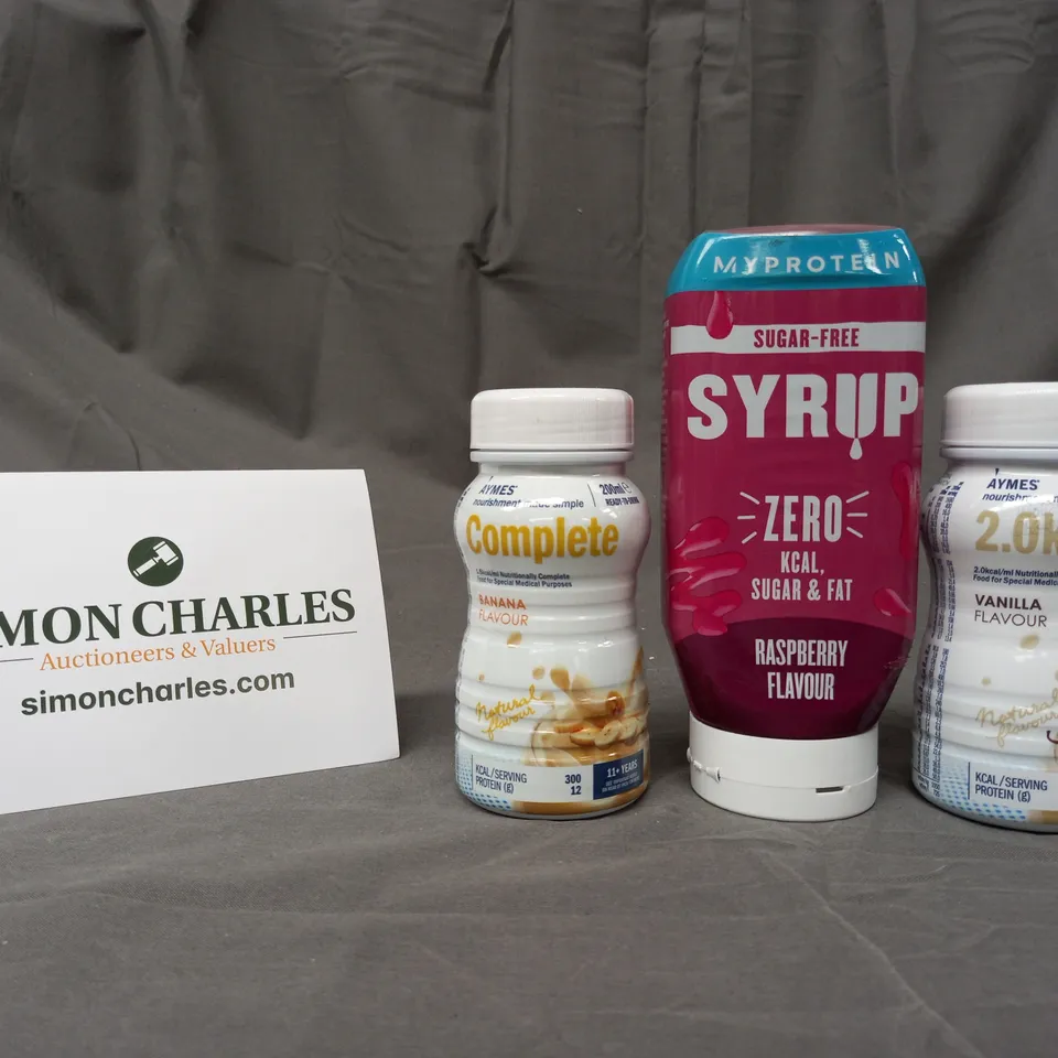 APPROXIMATELY 10 ASSORTED FOOD AND DRINK ITEMS TO INCLUDE MY PROTEIN SYRUP, AYMES NOURISHMENT, ETC