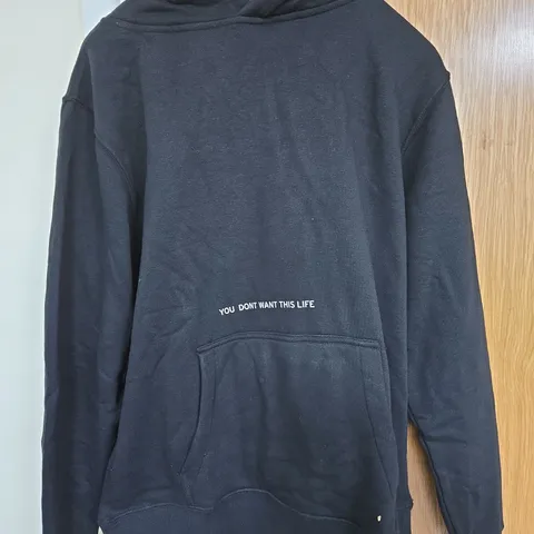 BLACK HOODIE WITH 'YOU DONT WANT THIS LIFE' TRIANGLE GRAPHIC SIZE M