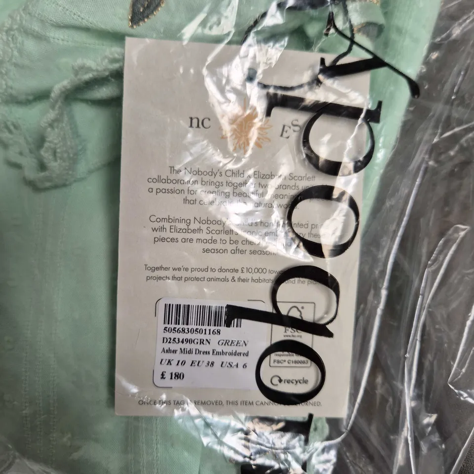 NOBODY'S CHILD X ELIZABETH SCARLETT GREEN EMBROIDERED MIDI DRESS – UK 10 