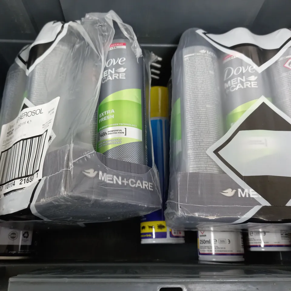 BOX OF APPROX 20 ASSORTED AEROSOLS TO INCLUDE - DOVE MEN CARE - COMPRESSED AIR - SELF TAN ECT