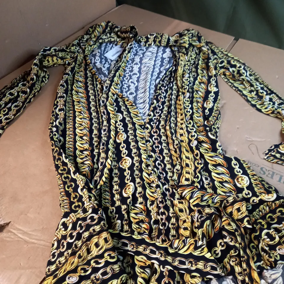 KAREN MILLEN CHAIN PRINT WOVEN TIE NECK MINI DRESS - SIZE 12