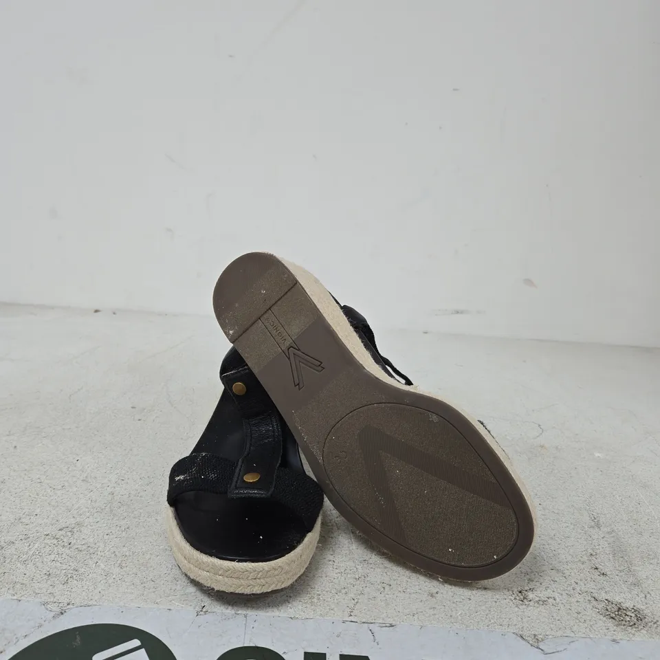 VIONIC BLACK ESPADRILLE WEDGE SANDALS – OPEN TOE, ANKLE STRAPS UK SIZE 9