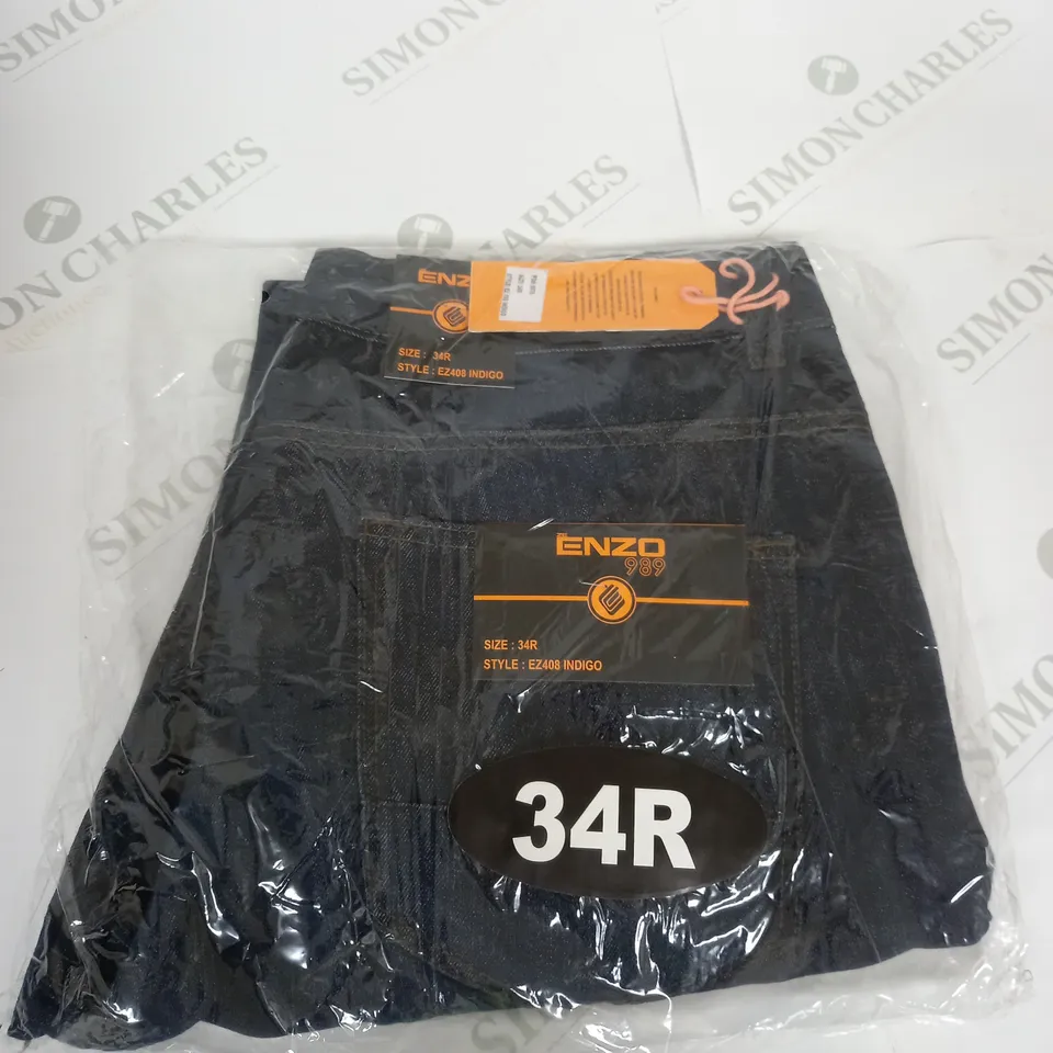 BAGGED ENZO INDIGO DENIM JEANS SIZE 34R