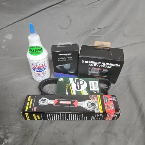 APPROXIMATELY 12 ASSORTED VEHICLE PARTS & ACCESSORIES TO INCLUDE NEXTBASE CLICK&GO PRO MOUNT, 48-IN-1 SOCKET WRENCH, 3 BEARINGS ALUMINIUM ALLOY PEDALS, ETC