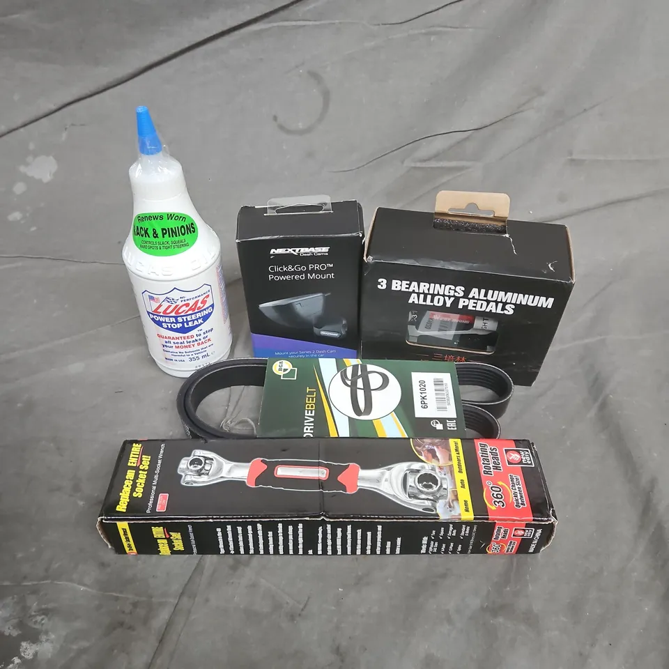 APPROXIMATELY 12 ASSORTED VEHICLE PARTS & ACCESSORIES TO INCLUDE NEXTBASE CLICK&GO PRO MOUNT, 48-IN-1 SOCKET WRENCH, 3 BEARINGS ALUMINIUM ALLOY PEDALS, ETC